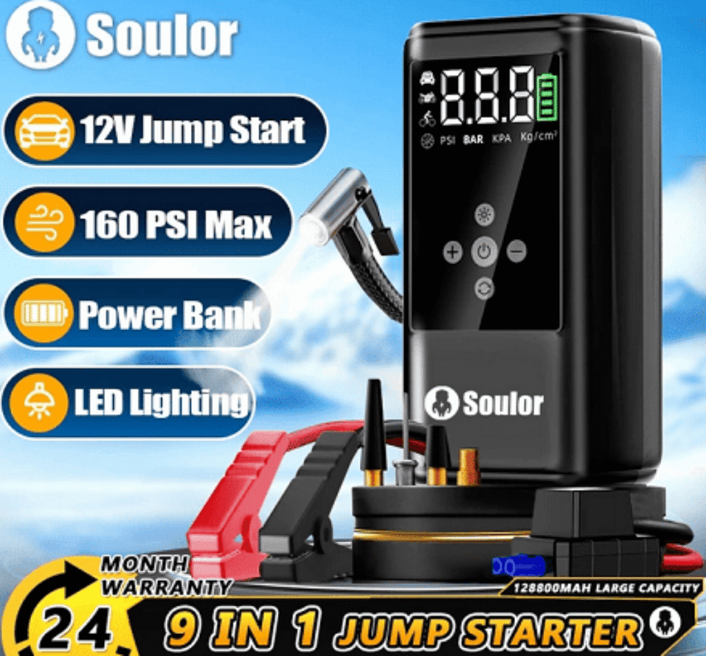 Soulor 9-in-1 Car Jump Starter Powerbank Multifunction Portable Pump Tire Inflator