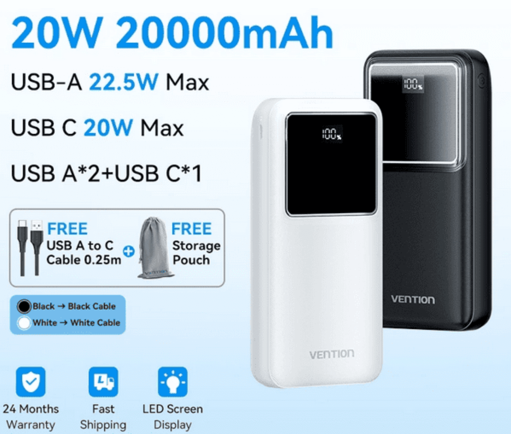 Vention 20W Power Bank 10000mAh 20000mAh 30000mAh